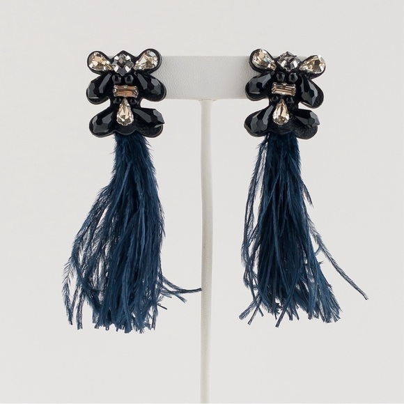 Stella & Dot Navy French Twist Feather Earrings Crystal Rhinestone Drop Dangle - Picture 5 of 10